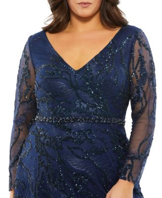 Size Embellished Illusion Long Sleeve V-Neck A-Line Gown