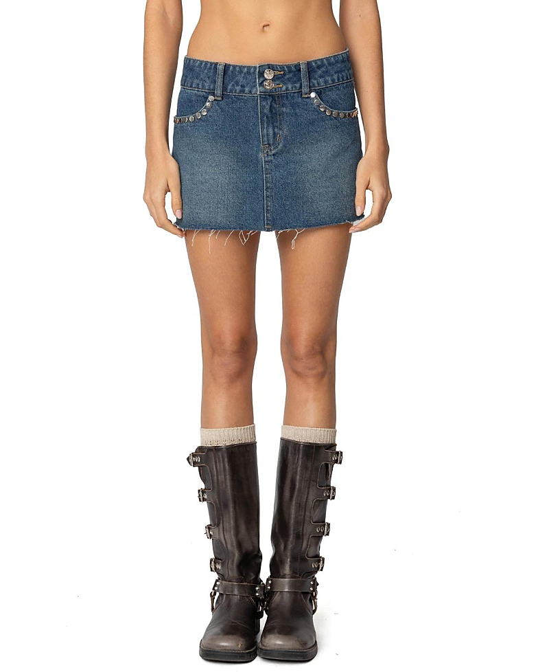 Edikted Tess Studded Denim Miniskirt In Dark Blue