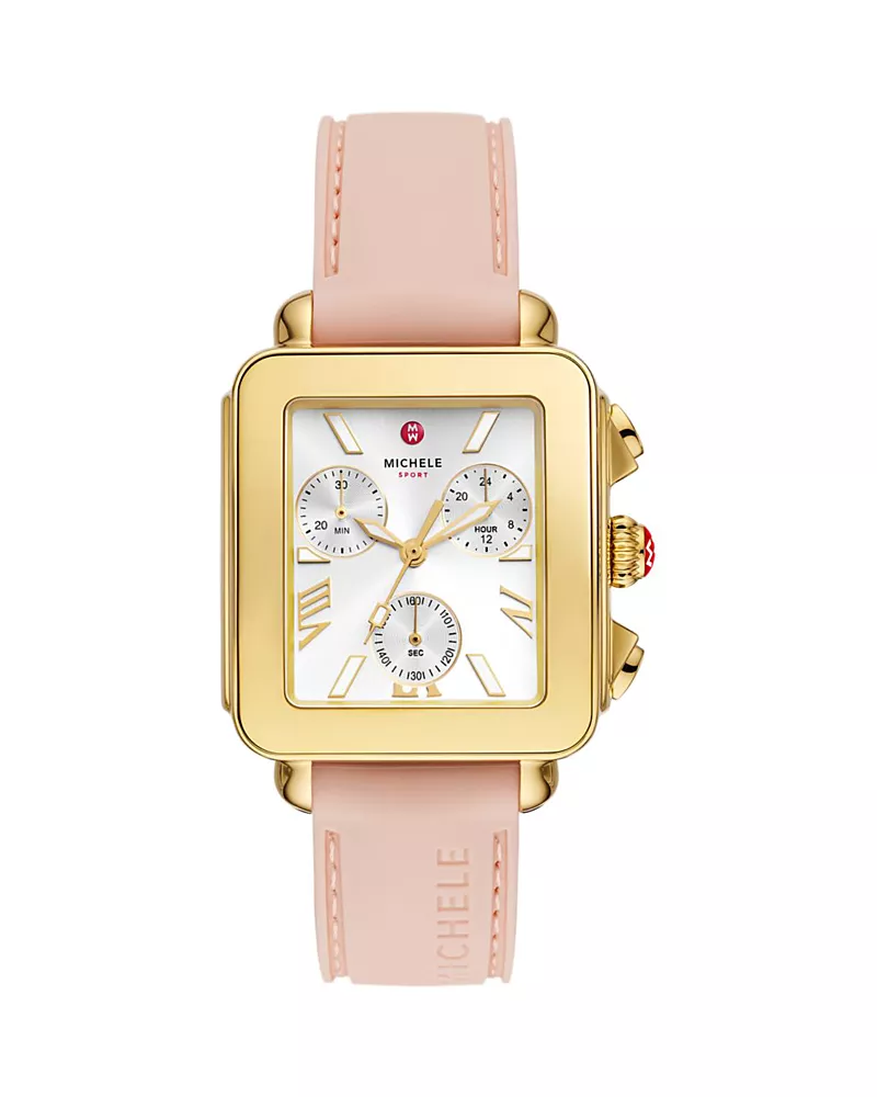 Michele Deco Sport Chronograph 18K Gold Plated Ballet Pink Silicone Watch, 34mm x 36mm