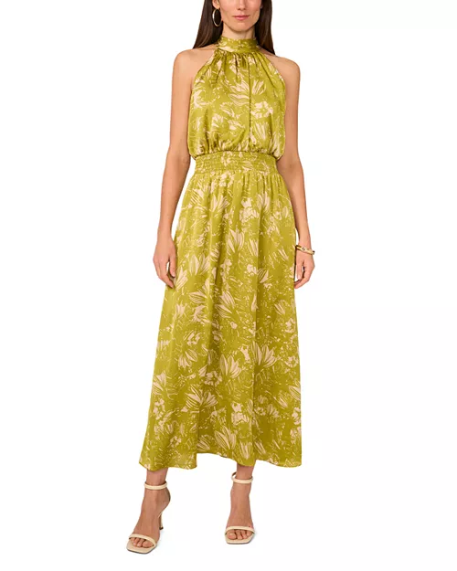 printed halter neck smocked maxi dress