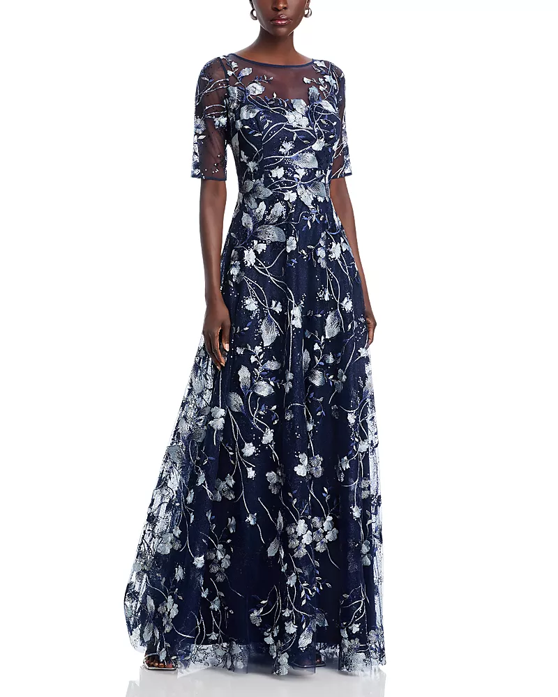 Teri Jon by Rickie Freeman Floral Embroidered Gown