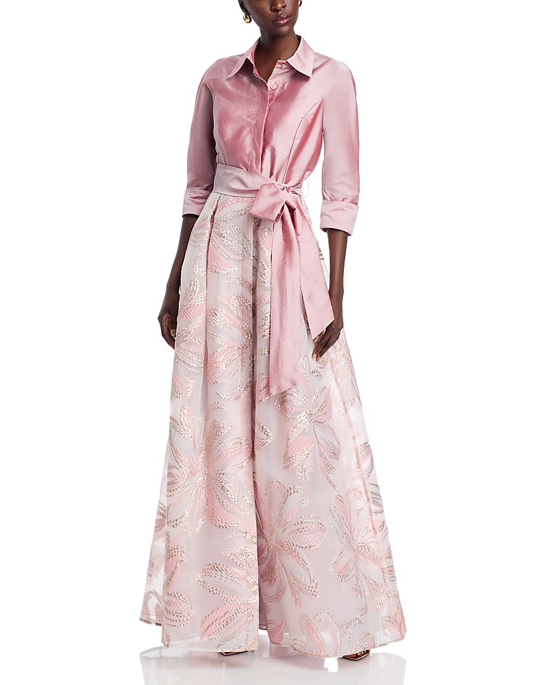 Shop Teri Jon By Rickie Freeman Taffeta Metallic Tie Waist Shirt Dress Gown In Dusty Pink