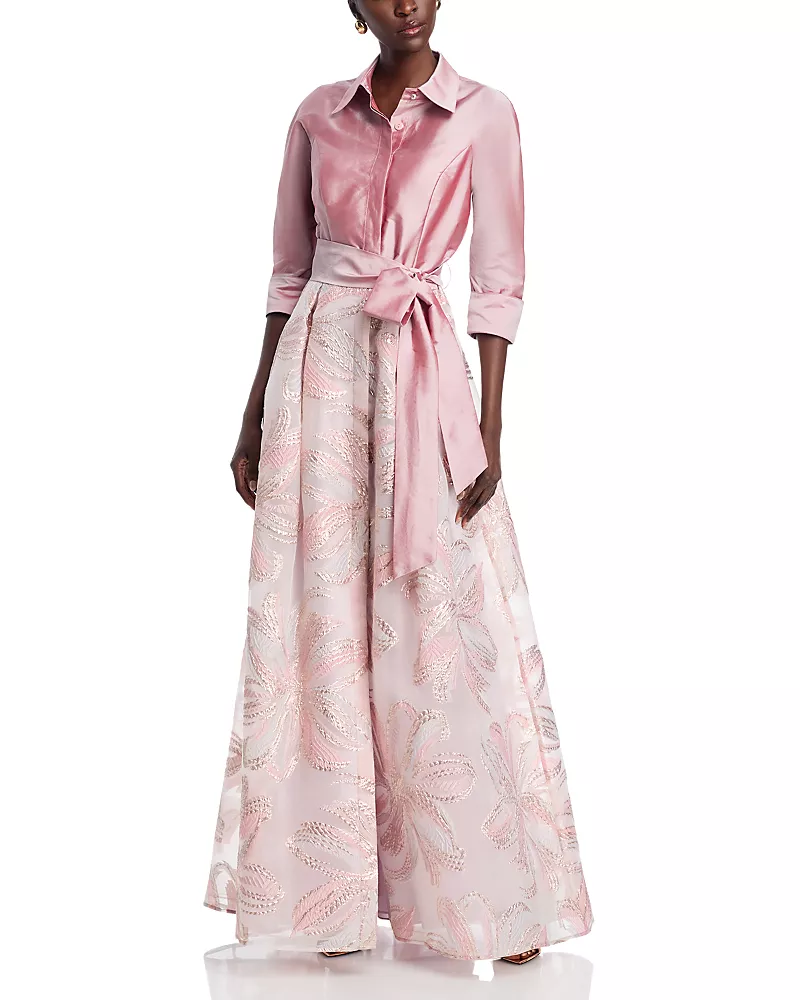 Teri Jon by Rickie Freeman Taffeta Metallic Tie Waist Shirt Dress Gown