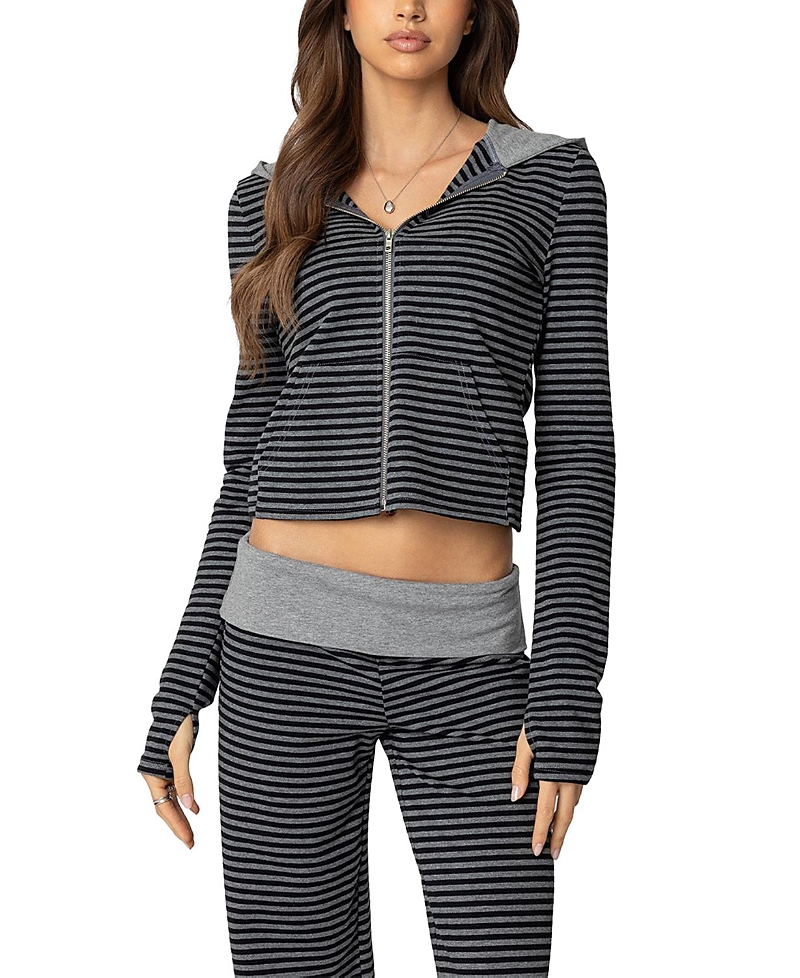Edikted Meggy Colorblock Stripe Zip Hoodie In Black-and-gray