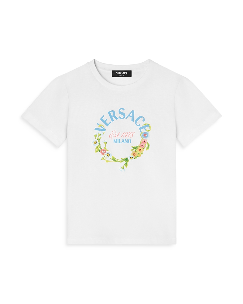 Versace Logo Floral Cotton Jersey T-shirt In White / Multi
