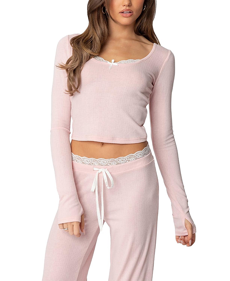Edikted Peekaboo Lace Trim Knit Long Sleeve Top In Pink