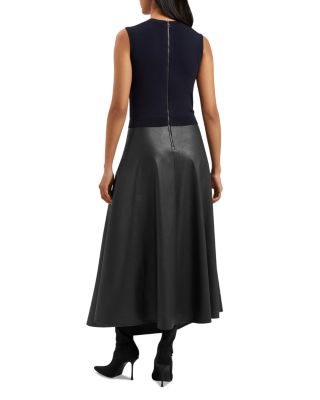 Mixed Media Faux Leather Skirt Midi Dress