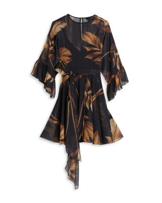 Printed Tie Waist Frill Sleeve Mini Dress