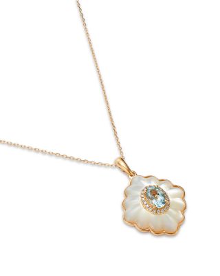 Aquamarine, Mother of Pearl & Diamond Pendant Necklace in 14K Yellow Gold