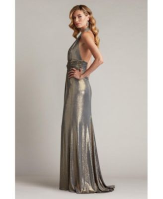 Mona Pleated Metallic Halter Gown