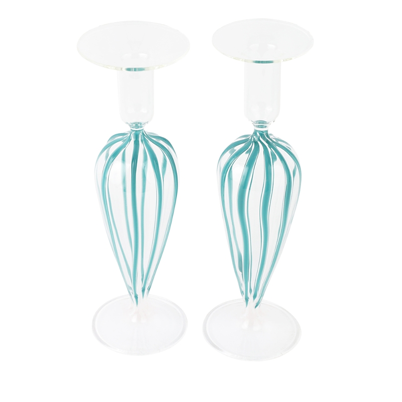Vietri Nuovo Stripe Candlestick Holders, Set Of 2 In Teal