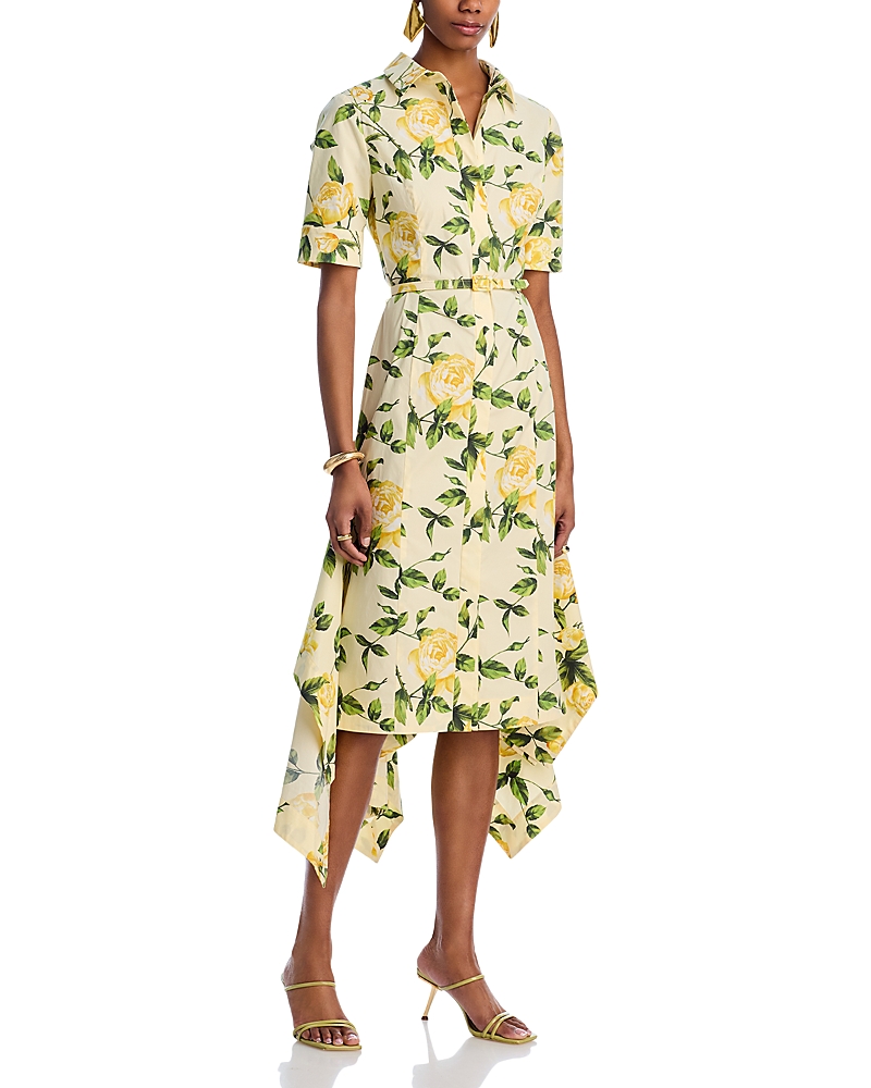 Oscar De La Renta Printed Cotton Poplin Midi Shirt Dress In Yellow/sof