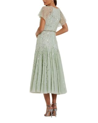 Beaded Mesh Flutter Sleeve A Line Midi Dress