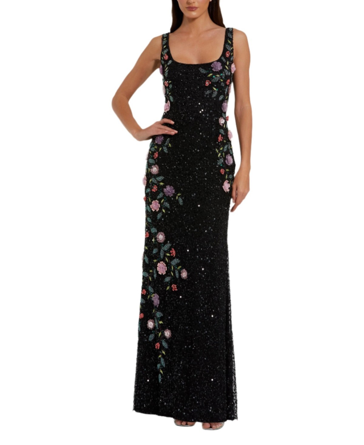 Floral Beaded Mesh Scoop Neck Sleeveless Gown