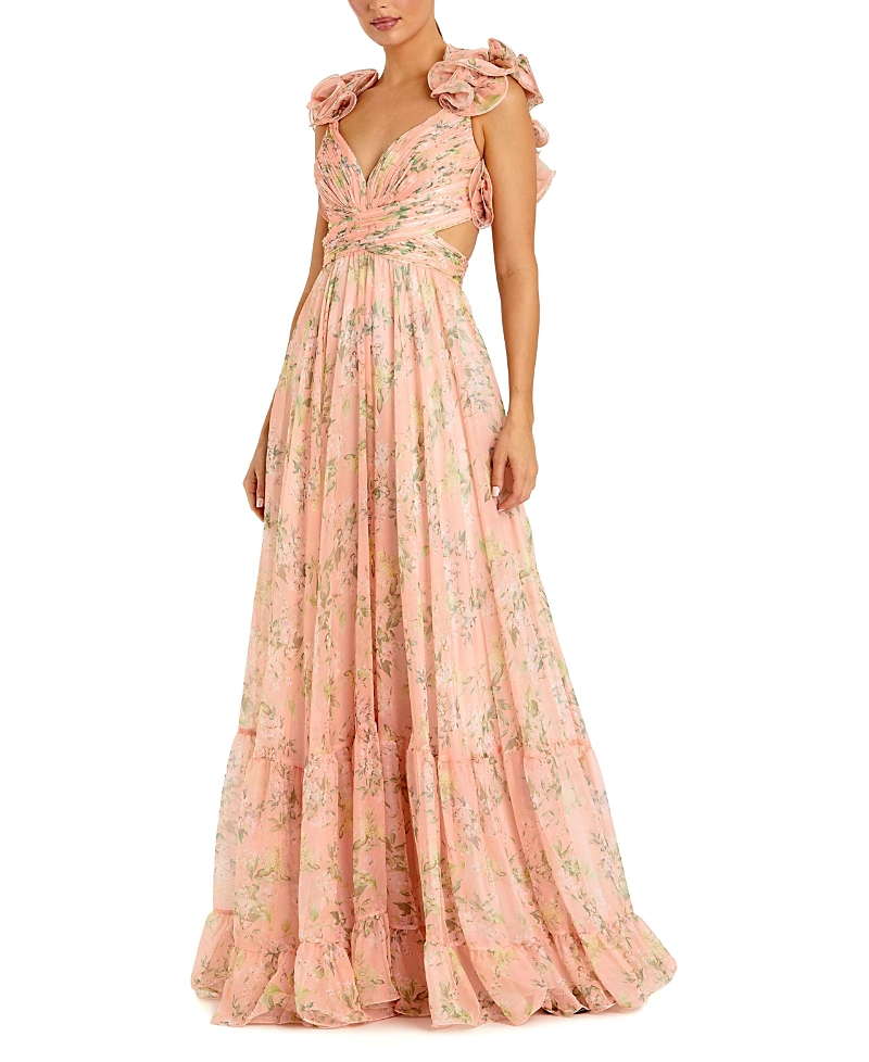 Mac Duggal Ruffle Tiered Cut-out Chiffon Floral Gown In Pink Multi