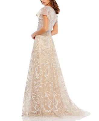 Embellished Illusion Butterfly Sleeve A-Line Gown