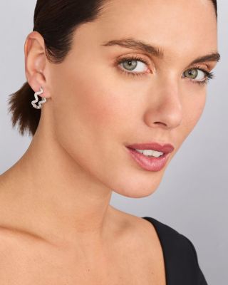 Sterling Silver Caviar Spark Diamond Wavy Huggie Hoop Earrings 