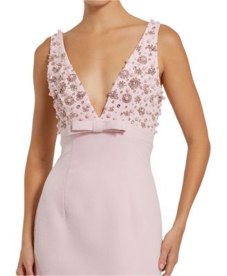 Crepe Sleeveless Beaded V Neck Gown with Bow