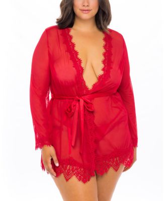  Plus Size Provence Eyelash Lace Robe with Sash and G-string Panty