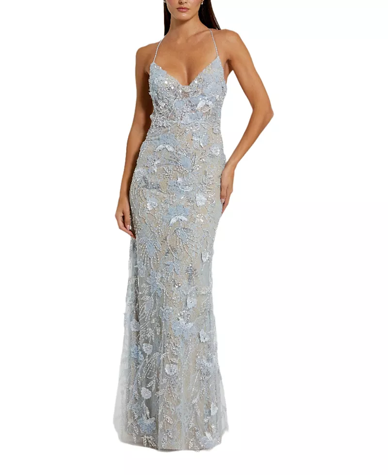 Mac Duggal Floral Embroidered Sleeveless Open Back Gown