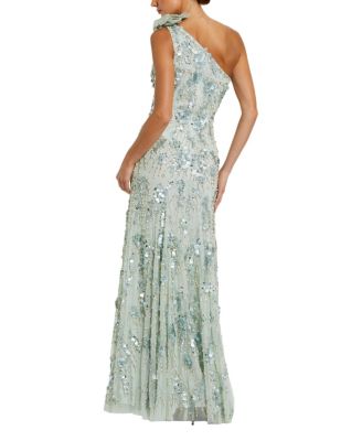 Beaded Mesh One Shoulder Trumpet Gown With Flower