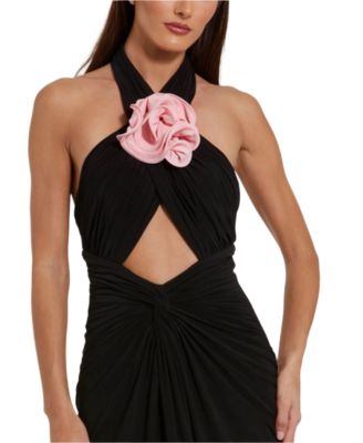  Jersey Crossover Halter Neck Gown with 3D Flower