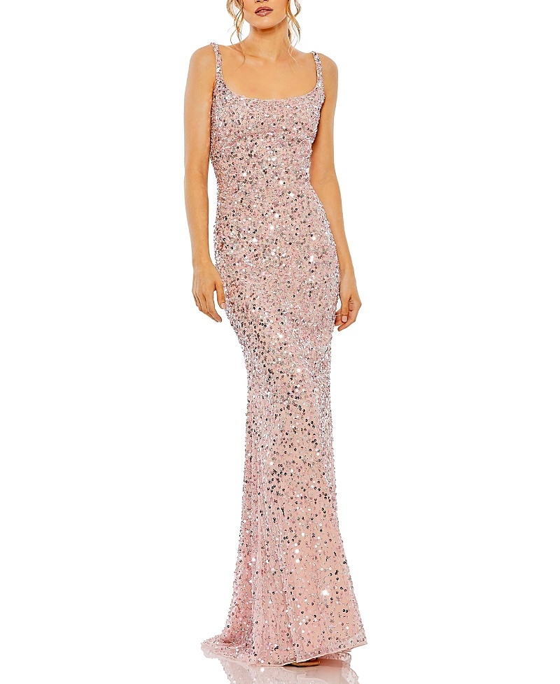 Mac Duggal Sequined Low Back Slip Gown In Pink