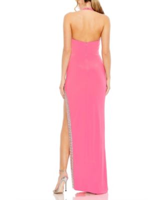 Jersey Halter Neck Beaded Slit Detail Gown