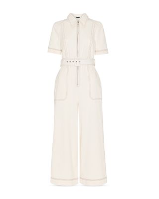 Denim Pintucked Belted Jumpsuit