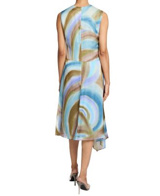 CECILIA Sleeveless Abstract Swirl Print Midi Dress with Asymmetrical Hemline