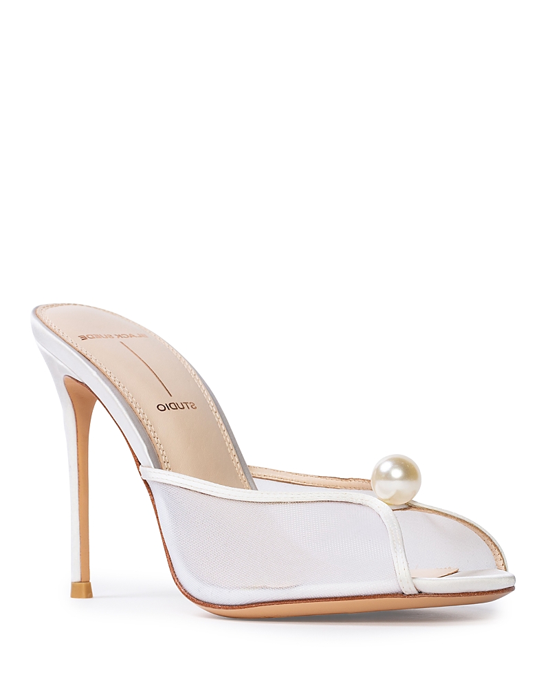 Black Suede Studio Sadie Mesh Pearl Mule Heels In White