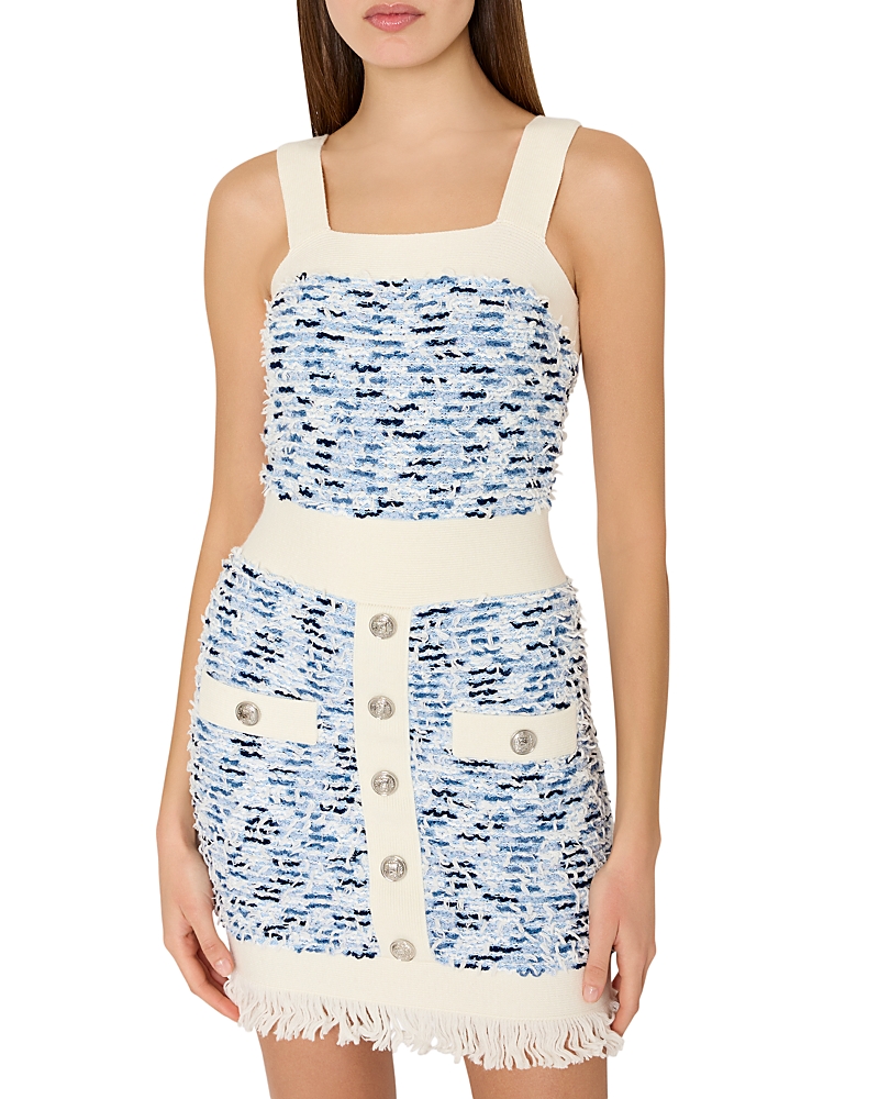 Milly Fringed Textured Tweed Mini Dress In Blue Multi