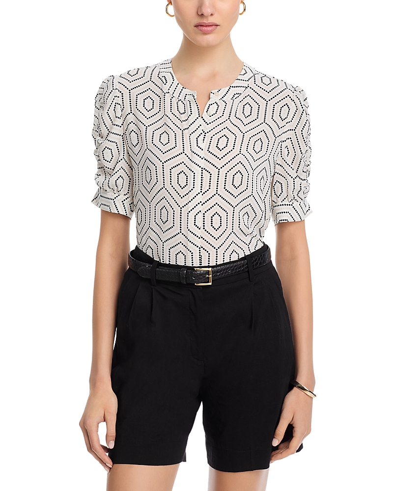 T Tahari Mandarin Collar Button-down Blouse In Diamond Dot