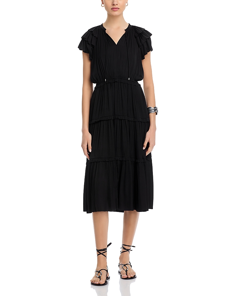 T Tahari Flutter Sleeve Split Neck Flare Airflow Dress