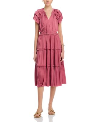 T Tahari - Flutter Sleeve Split Neck Flare Airflow Dress