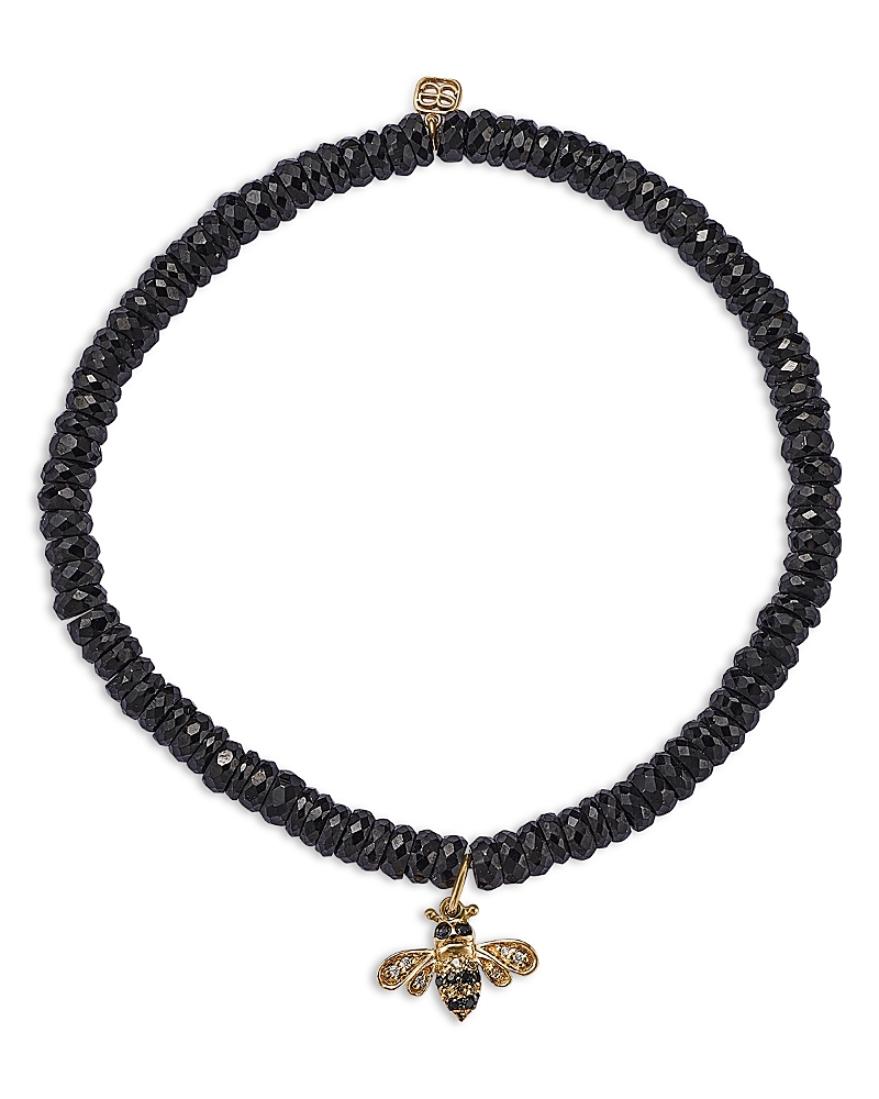 Sydney Evan 14k Yellow Gold White Diamond & Black Diamond Small Bee Charm Beaded Bracelet In Gold