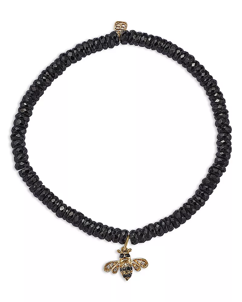 Sydney Evan 14K Yellow Gold White Diamond & Black Diamond Small Bee Charm Beaded Bracelet