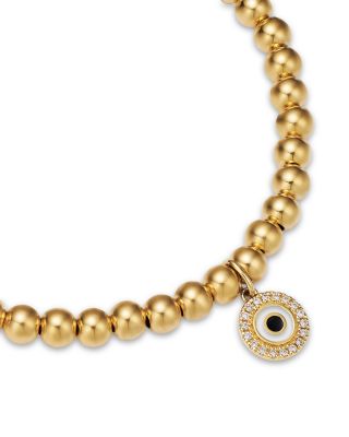14K Yellow Gold Diamond Evil Eye Disc Charm Beaded Bracelet, 0.06 tcw