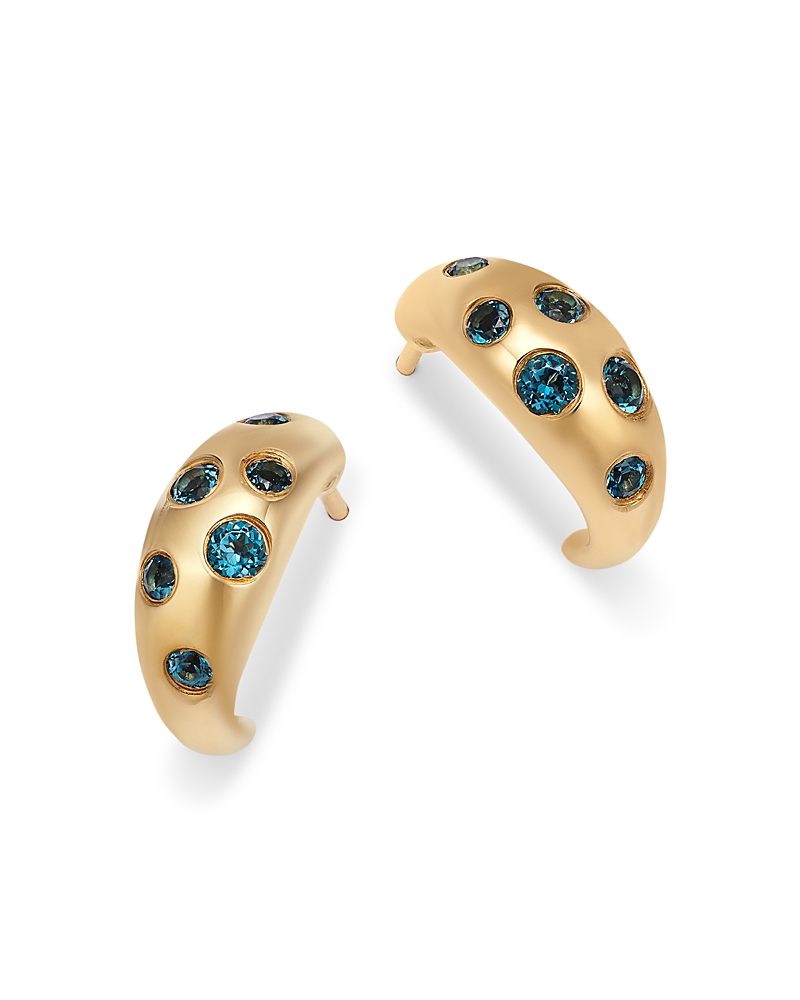 Moon & Meadow 14k Yellow Gold London Blue Topaz Dome Hoop Earrings In Blue/gold