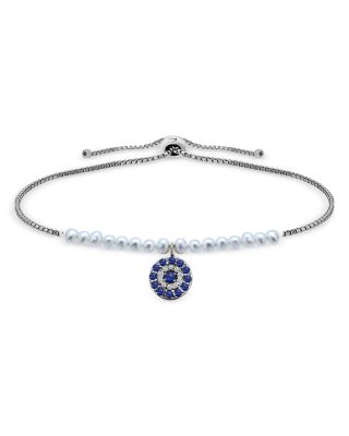AQUA - Cubic Zirconia Evil Eye Charm Cultured Freshwater Pearl Beaded Slider Bracelet in Sterling Silver - Exclusive