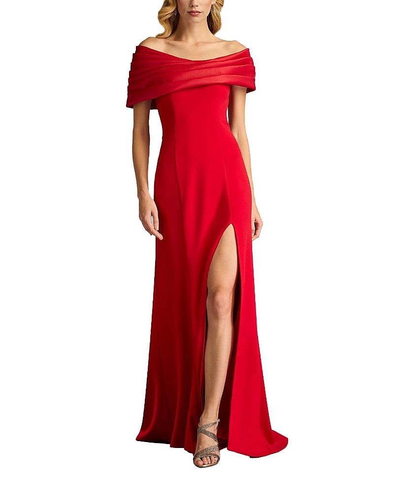 Tadashi Shoji Textured Crepe And Taffeta Off Shoulder Gown In Red