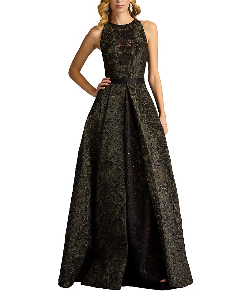 Tadashi Shoji Textured Jacquard Gown In Black/ Gold