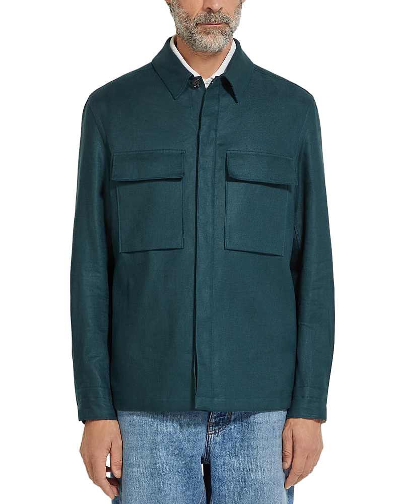 Zegna Overshirt Linen Concealed Placket In Dark Teal Blue
