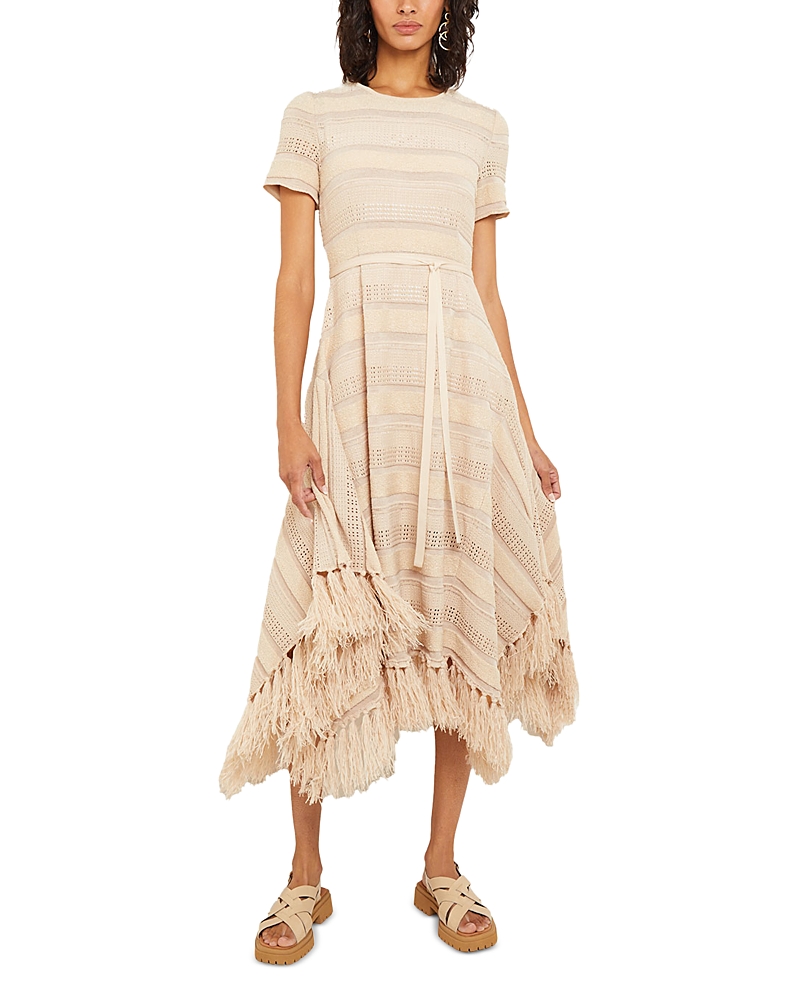 Misook Pointelle Stripe Tassel Detail Midi Dress In Biscotti