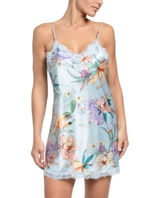 In Bloom by Jonquil - Stretch Satin Sky Blue Lace Trim Floral Print Chemise
