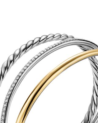 DY Mercer Three Row Cuff Bracelet in Sterling Silver with 18K Yellow Gold and Diamonds, 10mm