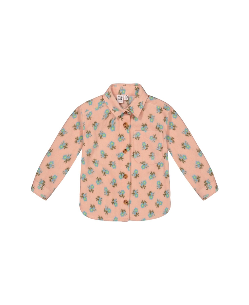 Deux Par Deux Girl's Printed Polar Fleece Shirt Peach With Blue Flowers In Printed Flowers