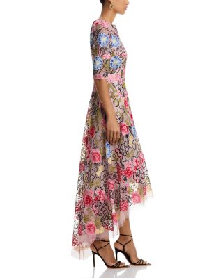 Embroidered Floral High Low Fit and Flare Dress