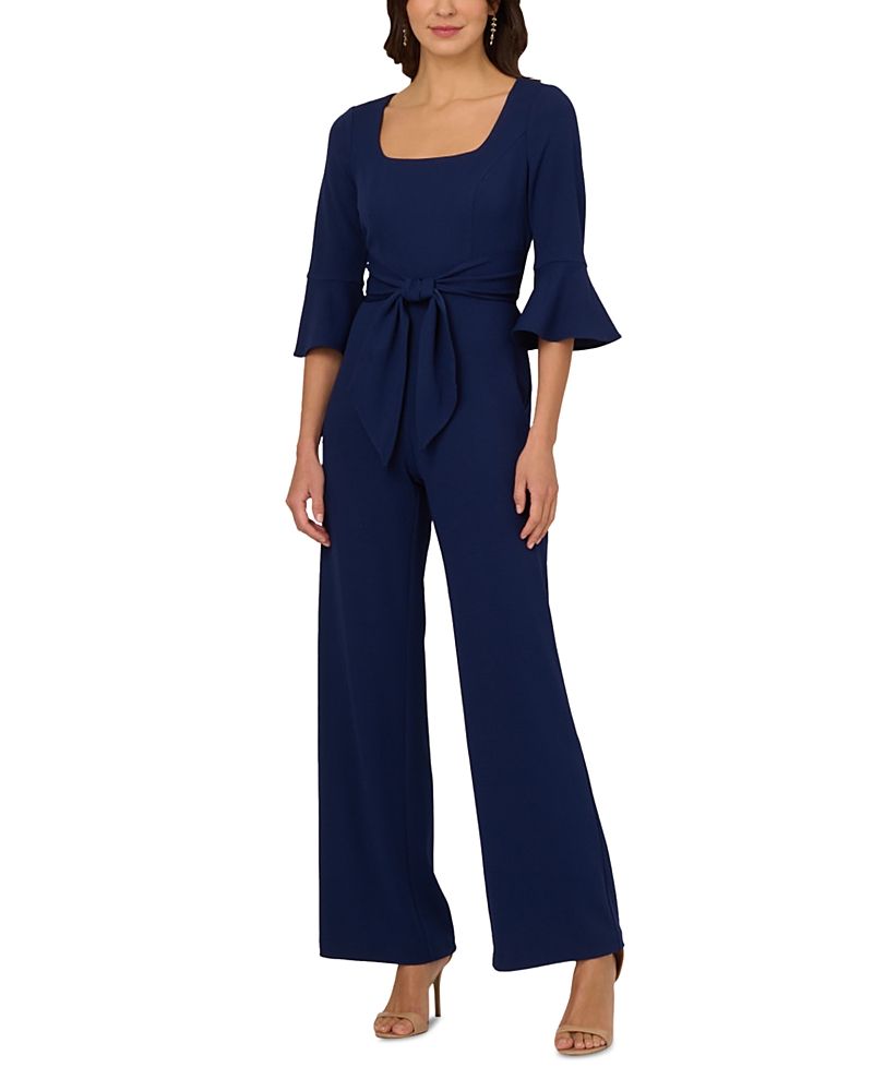 Adrianna Papell Knit Crepe Tie Front Jumpsuit In Navy Sateen