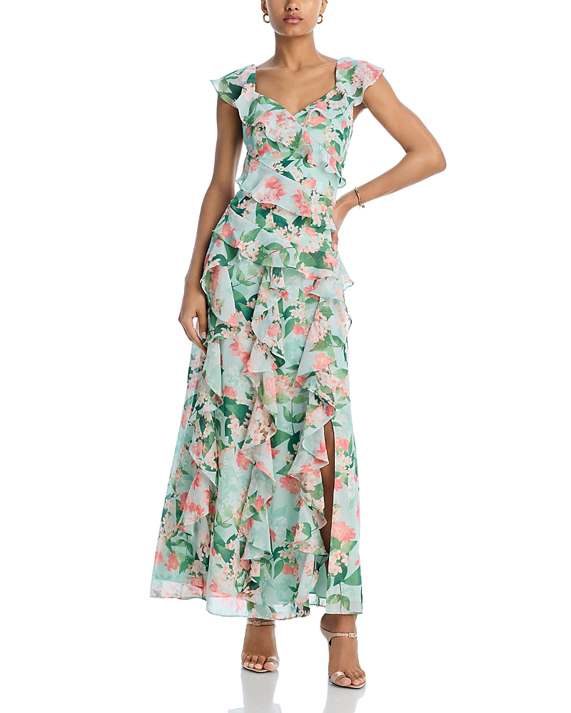 Eliza J V Neck Flutter Sleeve Asymmetrical Ruffle Gown In Mint